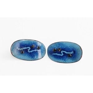 Vintage Mid Century Modern Blue Enamel Over Metal Clip On Earrings Oval Retro